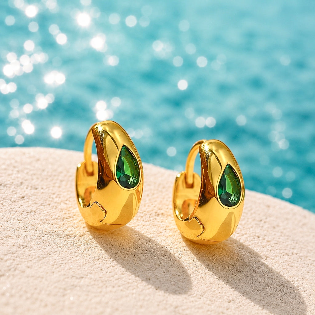 Emerald Teardrop Huggie Earrings