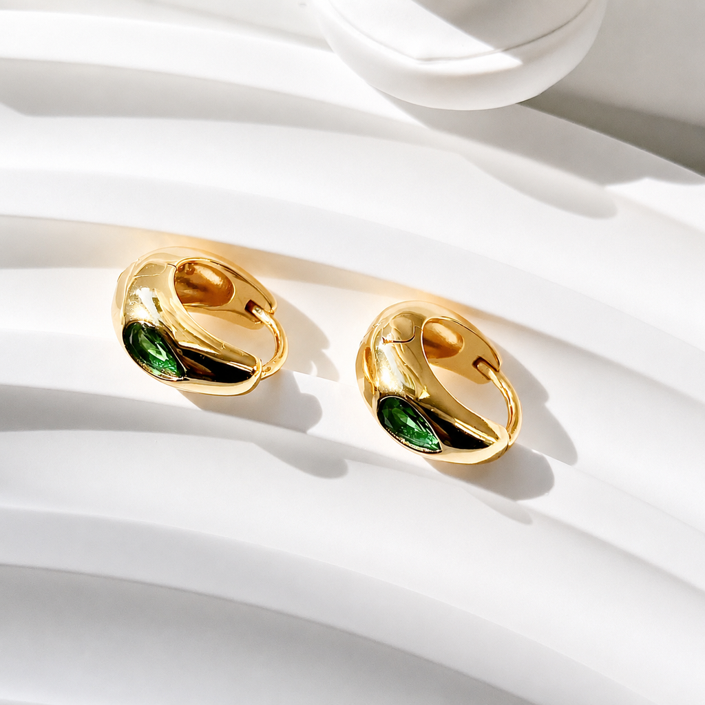 Emerald Teardrop Huggie Earrings